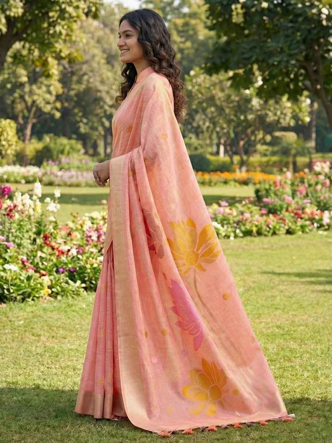 Peach Linen Cotton Brocade Saree | EZB SI04 SUPAN1006