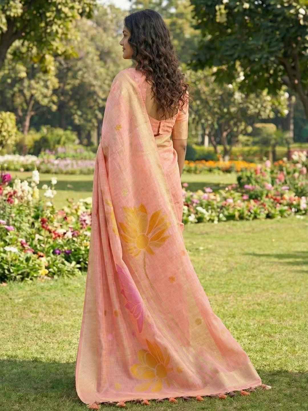 Peach Linen Cotton Brocade Saree | EZB SI04 SUPAN1006