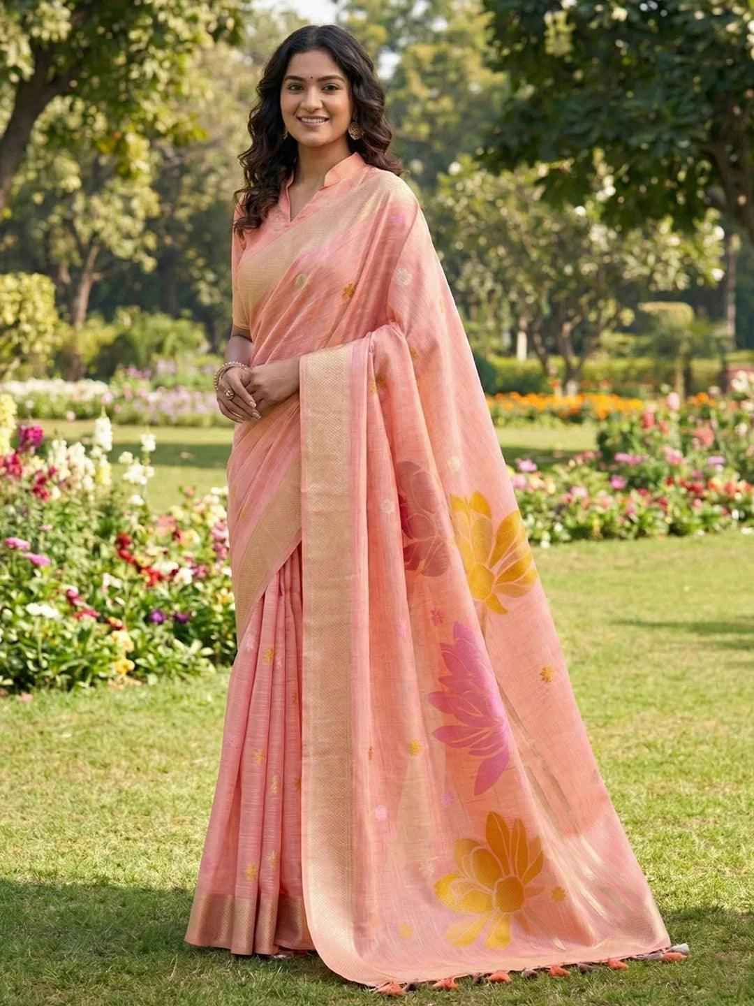 Peach Linen Cotton Brocade Saree | EZB SI04 SUPAN1006