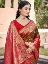 Mehndi Pochampalli Silk Brocade Saree | EZB SI04 SUPOC7001