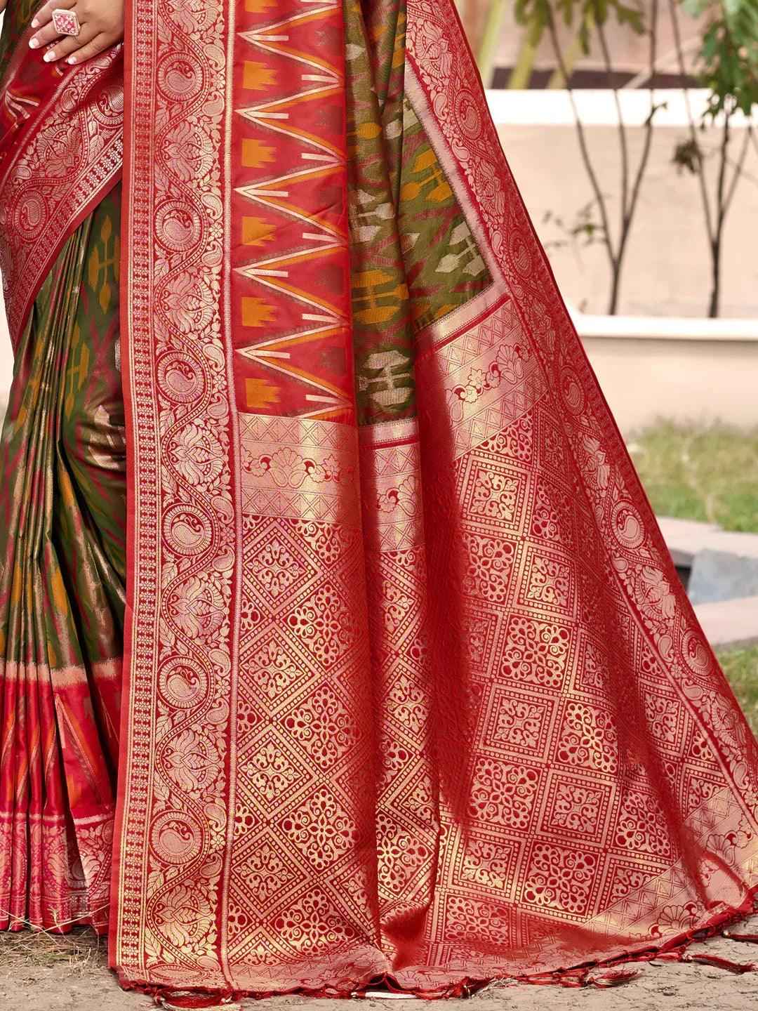 Mehndi Pochampalli Silk Brocade Saree | EZB SI04 SUPOC7001