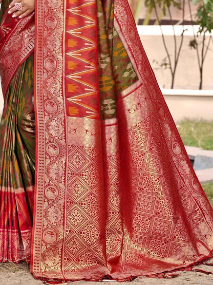 Mehndi Pochampalli Silk Brocade Saree | EZB SI04 SUPOC7001