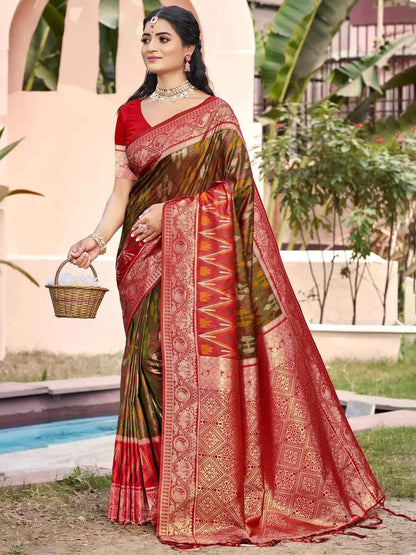 Mehndi Pochampalli Silk Brocade Saree | EZB SI04 SUPOC7001