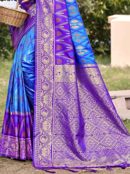 Sky Blue Pochampalli Silk Brocade Saree | EZB SI04 SUPOC7007