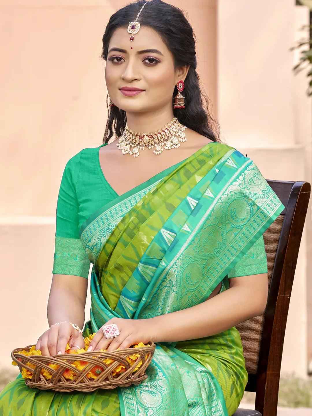 Green Pochampalli Silk Brocade Saree | EZB SI04 SUPOC7008