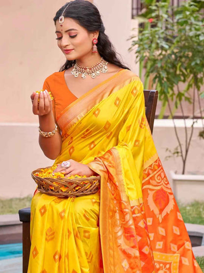 Yellow Pochampalli Silk Brocade Saree | EZB SI04 SUPOC8005