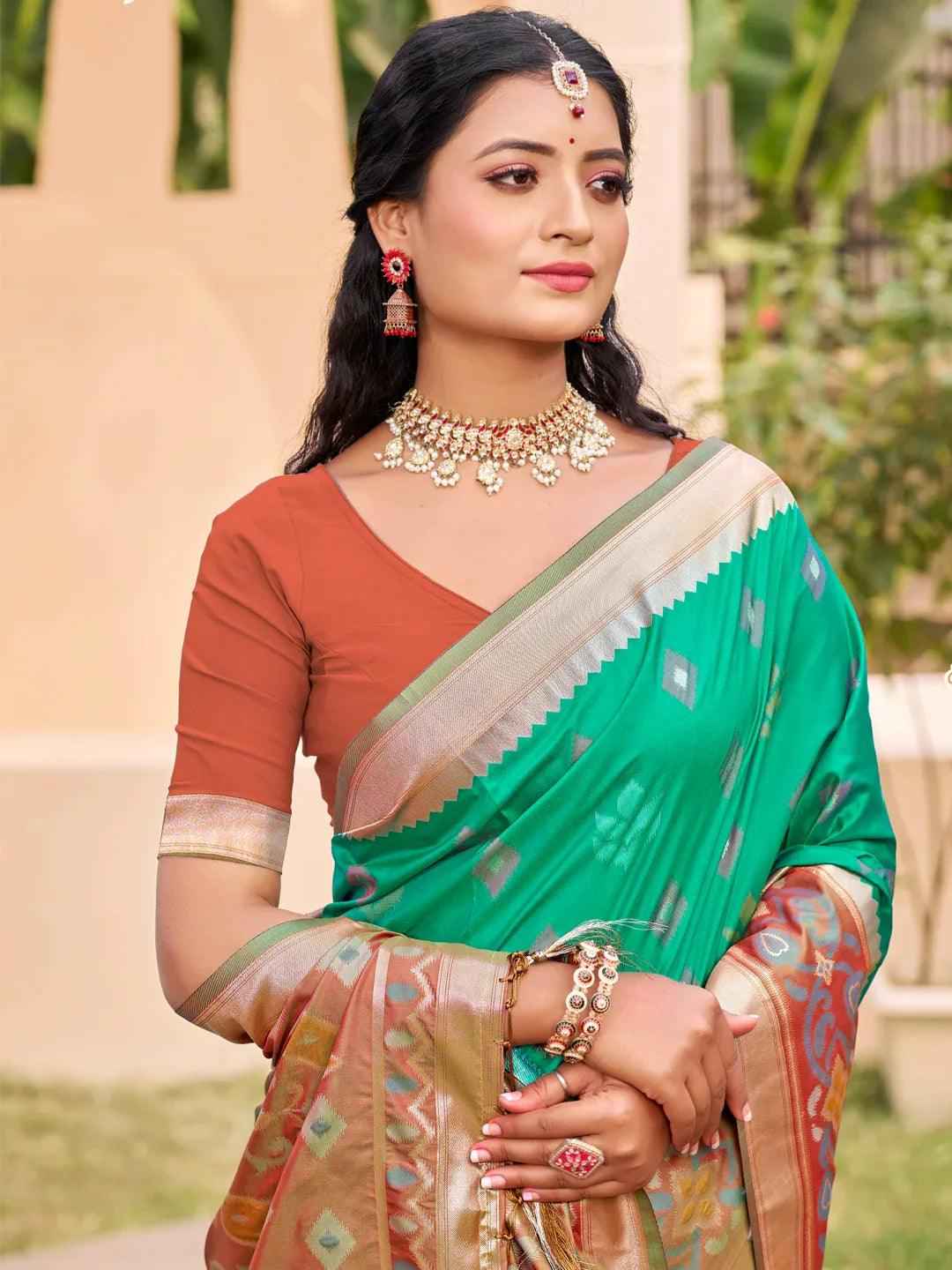 Rama Green Pochampalli Silk Brocade Saree | EZB SI04 SUPOC8006