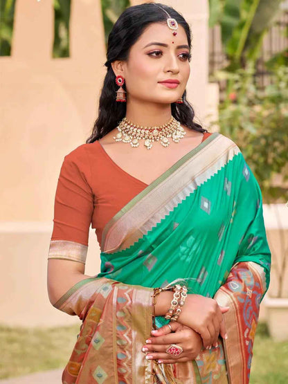 Rama Green Pochampalli Silk Brocade Saree | EZB SI04 SUPOC8006