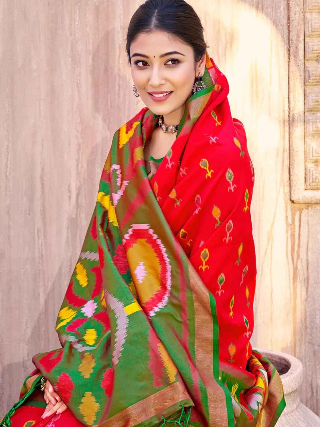 Red Pochampalli Silk Brocade Saree | EZB SI04 SUPOC9002