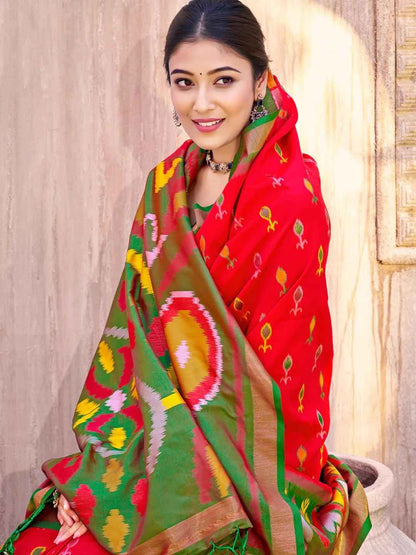 Red Pochampalli Silk Brocade Saree | EZB SI04 SUPOC9002