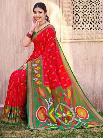 Red Pochampalli Silk Brocade Saree | EZB SI04 SUPOC9002