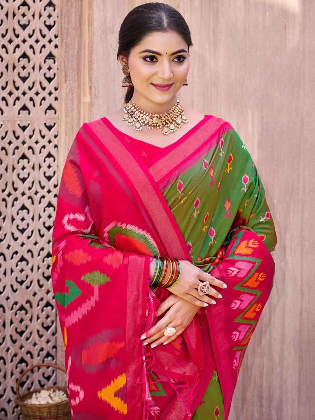 Mehandi Pochampalli Silk Brocade Saree | EZB SI04 SUPOC9005