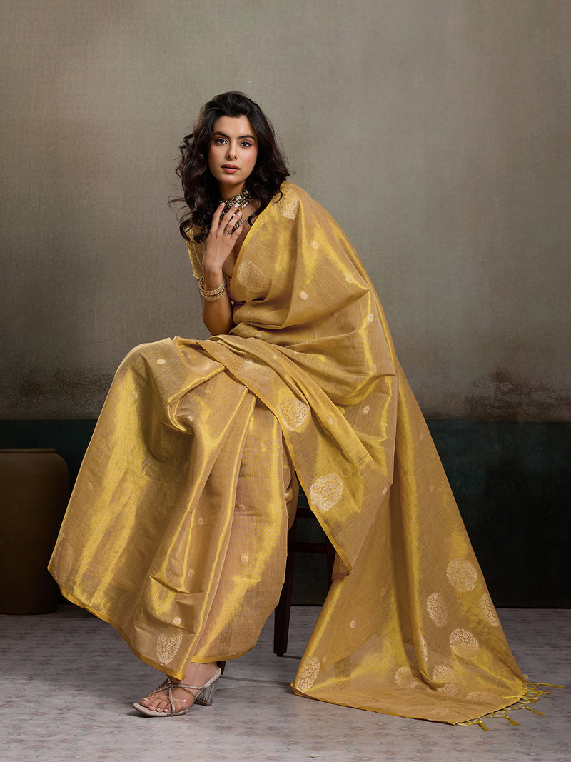 Tissue Silk Beige Brocade Saree With Blouse Piece