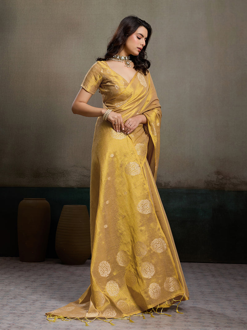 Tissue Silk Beige Brocade Saree With Blouse Piece