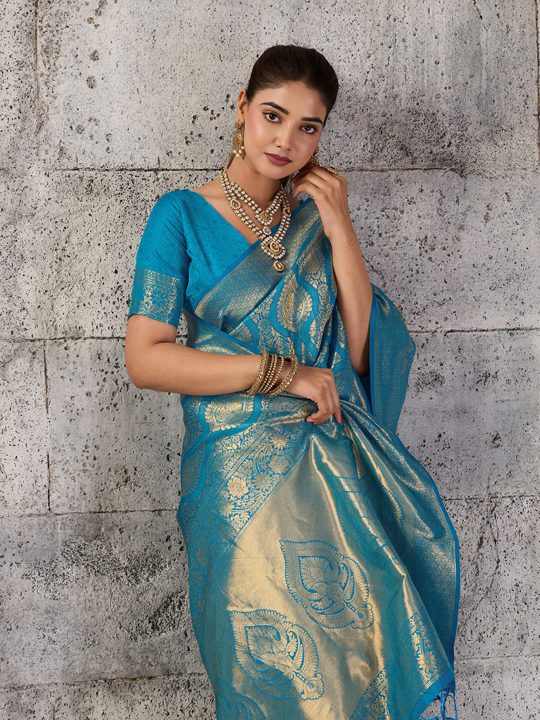 Teal Kanjivaram Silk Blend Brocade Saree | EZB SI04 SUPRS1003