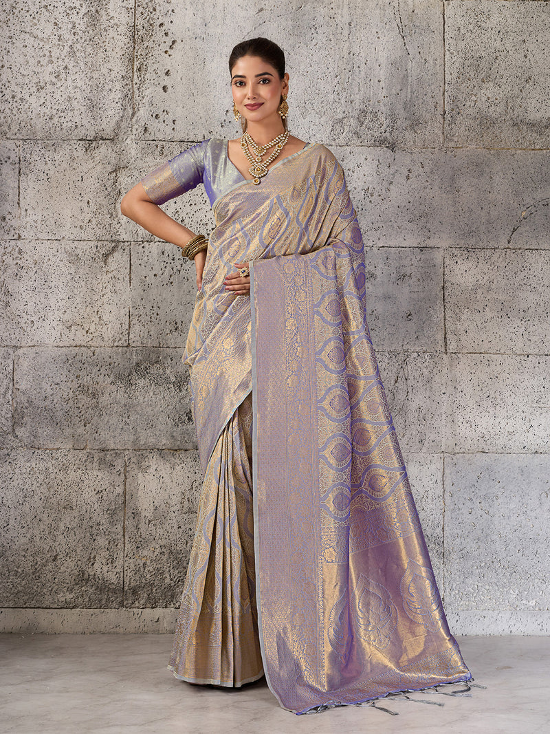 Grey Kanjivaram Silk Blend Brocade Saree | EZB SI04 SUPRS1005