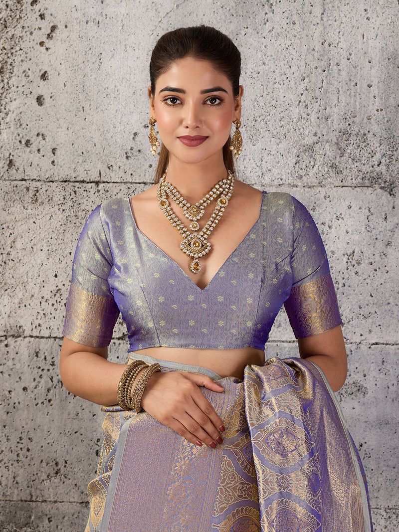 Grey Kanjivaram Silk Blend Brocade Saree | EZB SI04 SUPRS1005