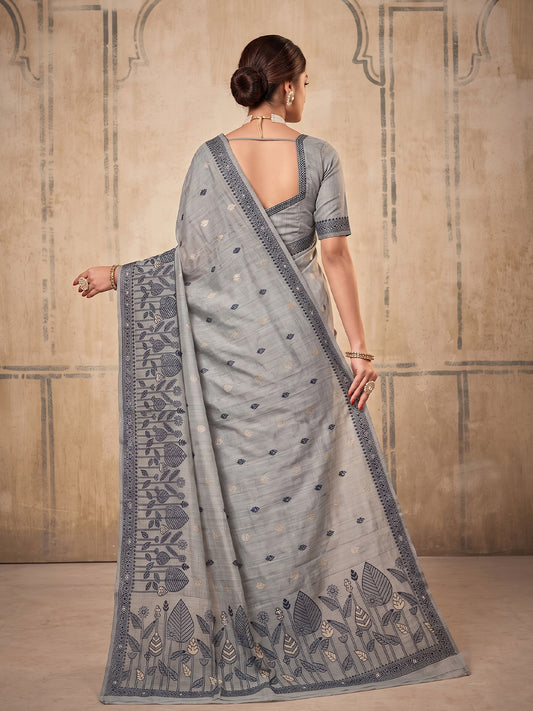 Grey Cotton  Woven Floral Saree | EZB SI04 SURAN1001