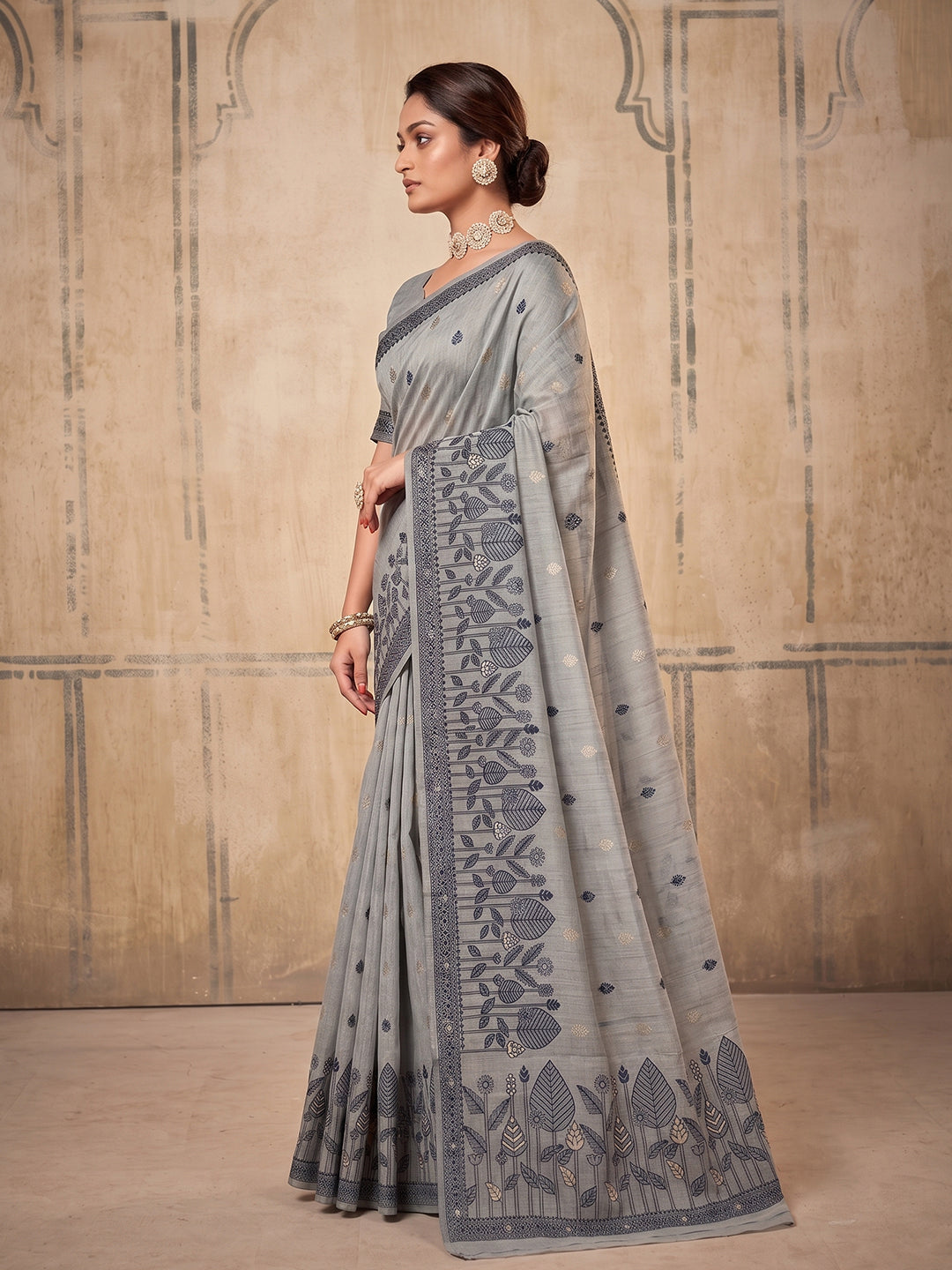Grey Cotton  Woven Floral Saree | EZB SI04 SURAN1001