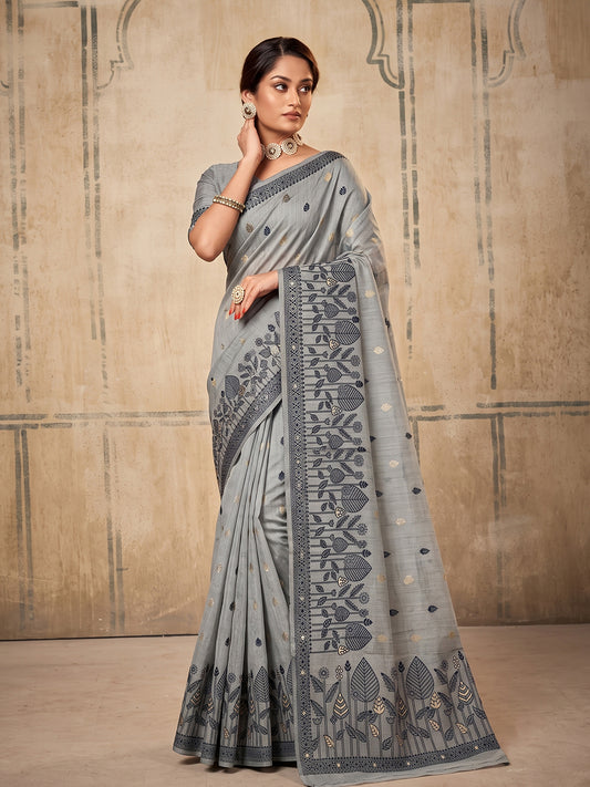 Grey Cotton  Woven Floral Saree | EZB SI04 SURAN1001