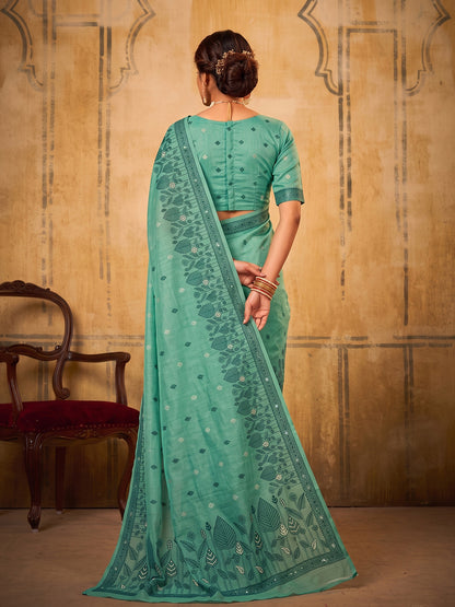 Sea Green Cotton  Woven Floral Saree | EZB SI04 SURAN1002