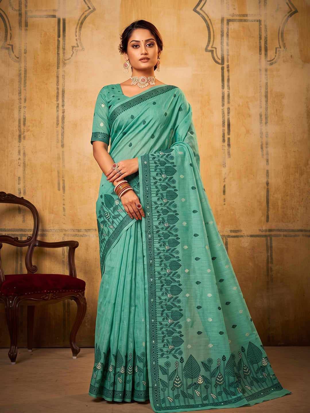 Sea Green Cotton  Woven Floral Saree | EZB SI04 SURAN1002