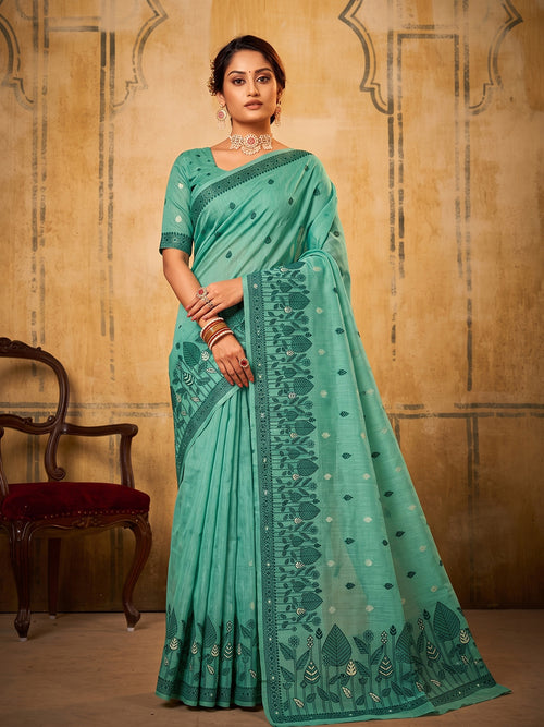 Sea Green Cotton  Woven Floral Saree | EZB SI04 SURAN1002