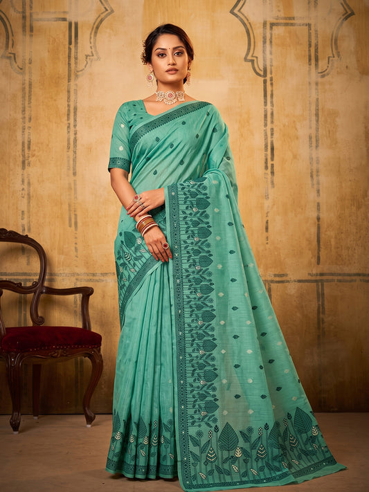 Sea Green Cotton  Woven Floral Saree | EZB SI04 SURAN1002