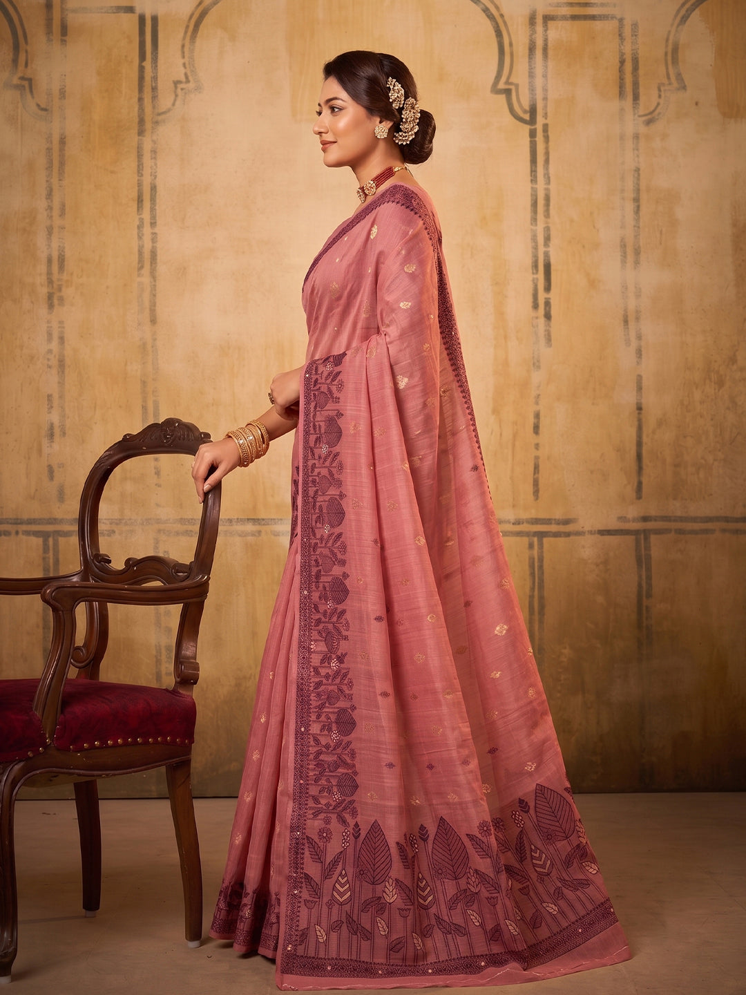 Light Pink Cotton  Woven Floral Saree | EZB SI04 SURAN1003