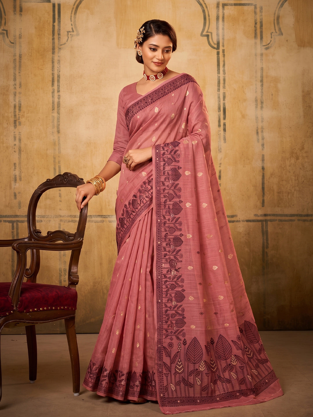 Light Pink Cotton  Woven Floral Saree | EZB SI04 SURAN1003