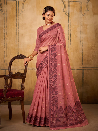 Light Pink Cotton  Woven Floral Saree | EZB SI04 SURAN1003