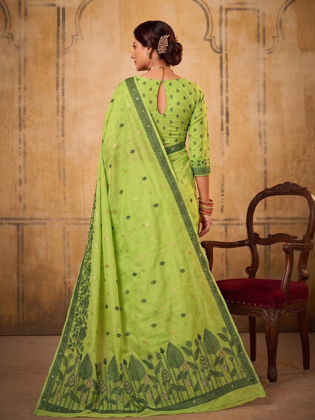 Light Green Cotton  Woven Floral Saree | EZB SI04 SURAN1004