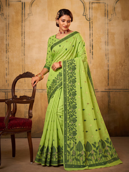 Light Green Cotton  Woven Floral Saree | EZB SI04 SURAN1004