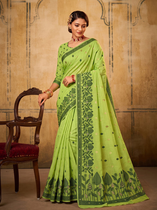 Light Green Cotton  Woven Floral Saree | EZB SI04 SURAN1004