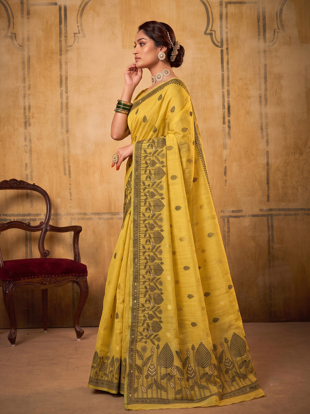 Yellow Cotton  Woven Floral Saree | EZB SI04 SURAN1005