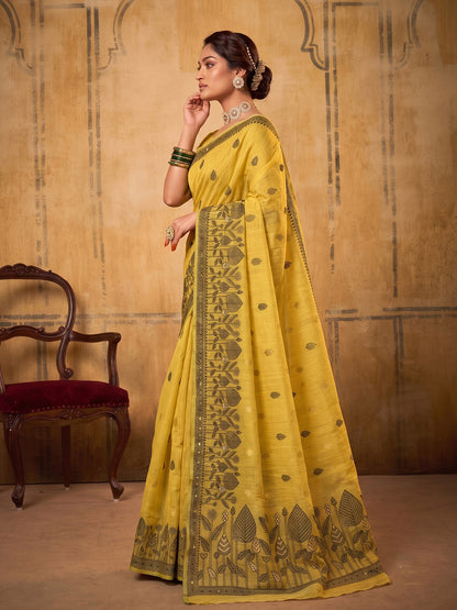 Yellow Cotton  Woven Floral Saree | EZB SI04 SURAN1005