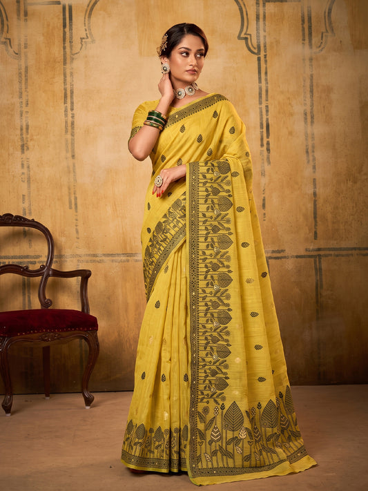 Yellow Cotton  Woven Floral Saree | EZB SI04 SURAN1005