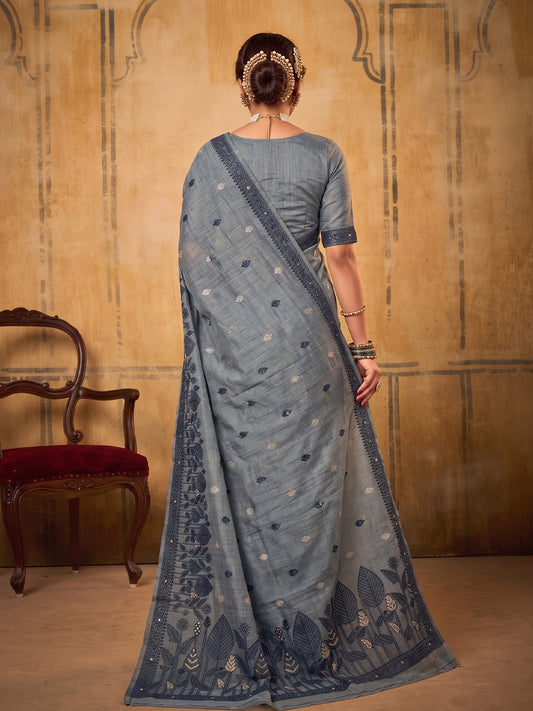 Grey Cotton  Woven Floral Saree | EZB SI04 SURAN1006