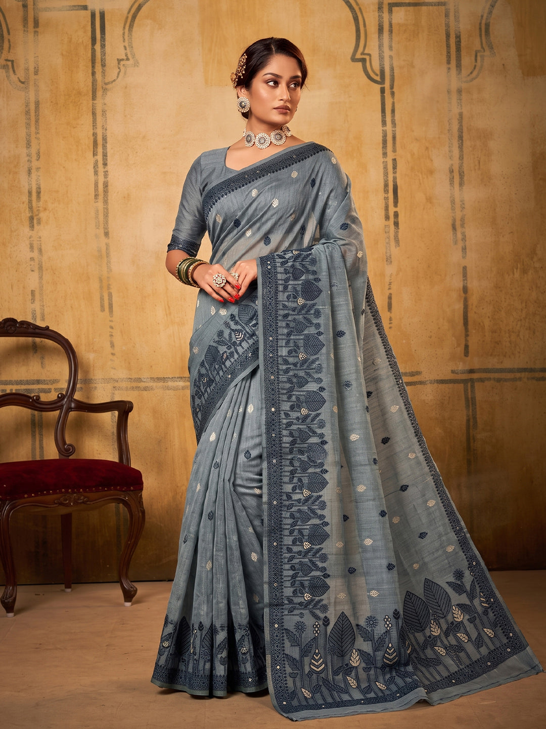 Grey Cotton  Woven Floral Saree | EZB SI04 SURAN1006