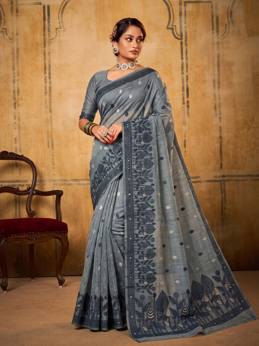 Grey Cotton  Woven Floral Saree | EZB SI04 SURAN1006