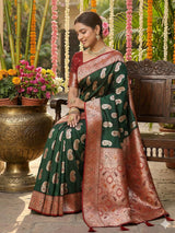 Green Silk Blend Brocade Saree | EZB SI04 SURAS1001