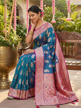 Sky Blue Silk Blend Brocade Saree | EZB SI04 SURAS1002