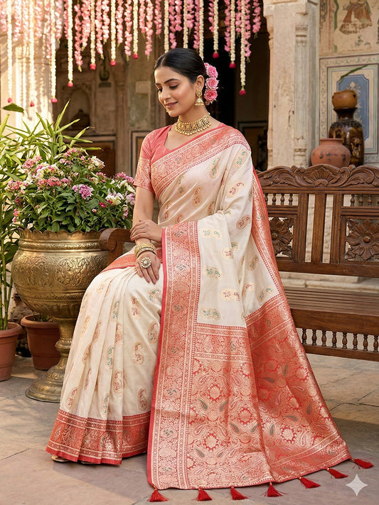Silk Blend White Brocade Saree With Blouse Piece
