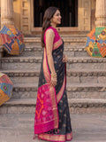 Black Soft Silk Contrast Pallu Saree | EZB SI04 SURIV1001