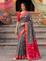 Grey Soft Silk Contrast Pallu Saree | EZB SI04 SURIV1004