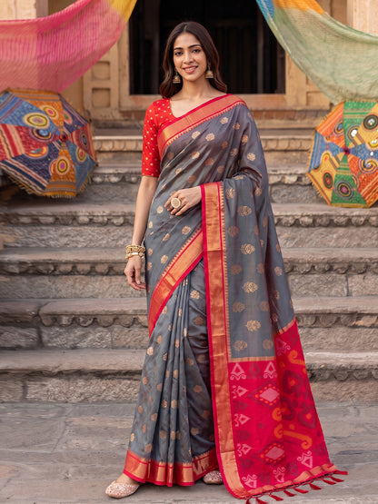Grey Soft Silk Contrast Pallu Saree | EZB SI04 SURIV1004