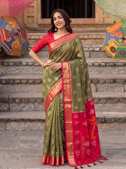Mehandi Soft Silk Contrast Pallu Saree | EZB SI04 SURIV1007