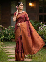 Maroon Linen Cotton Handloom Saree | EZB SI04 SURIT1004
