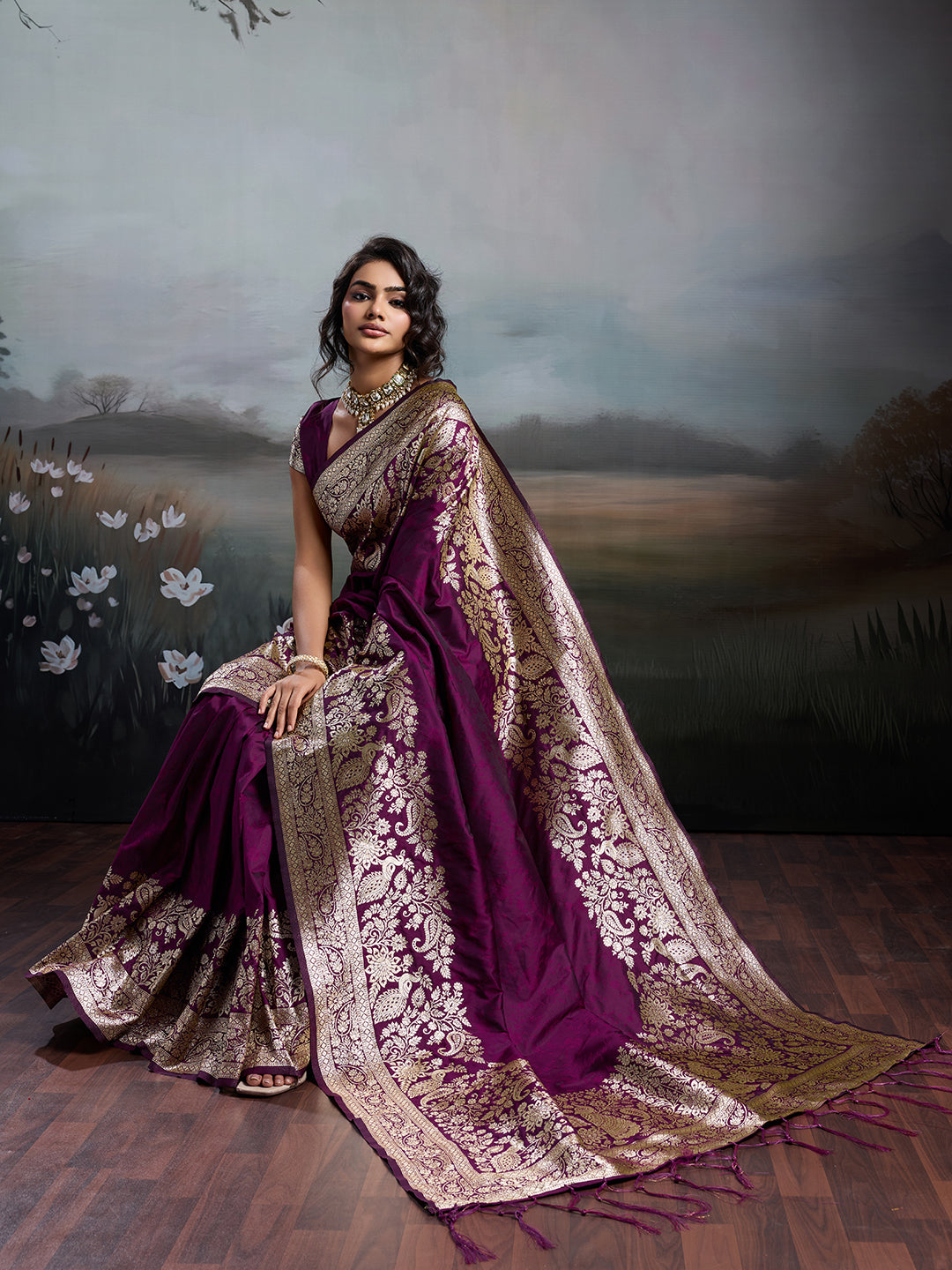 Silk Blend Wine Brocade Saree With Blouse Piece