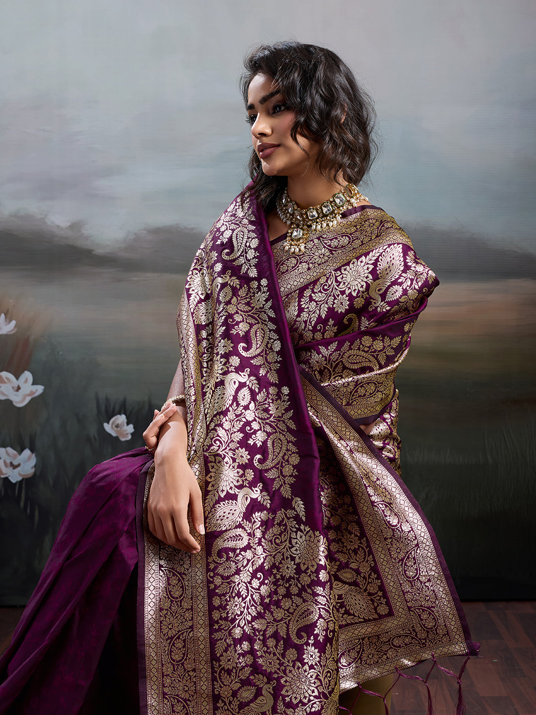 Silk Blend Wine Brocade Saree With Blouse Piece